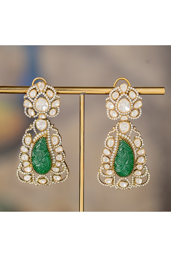 Gold Finish Stone Floral Jhumka Earrings In Sterling Silver by Varq Jewels at Pernia's Pop Up Shop