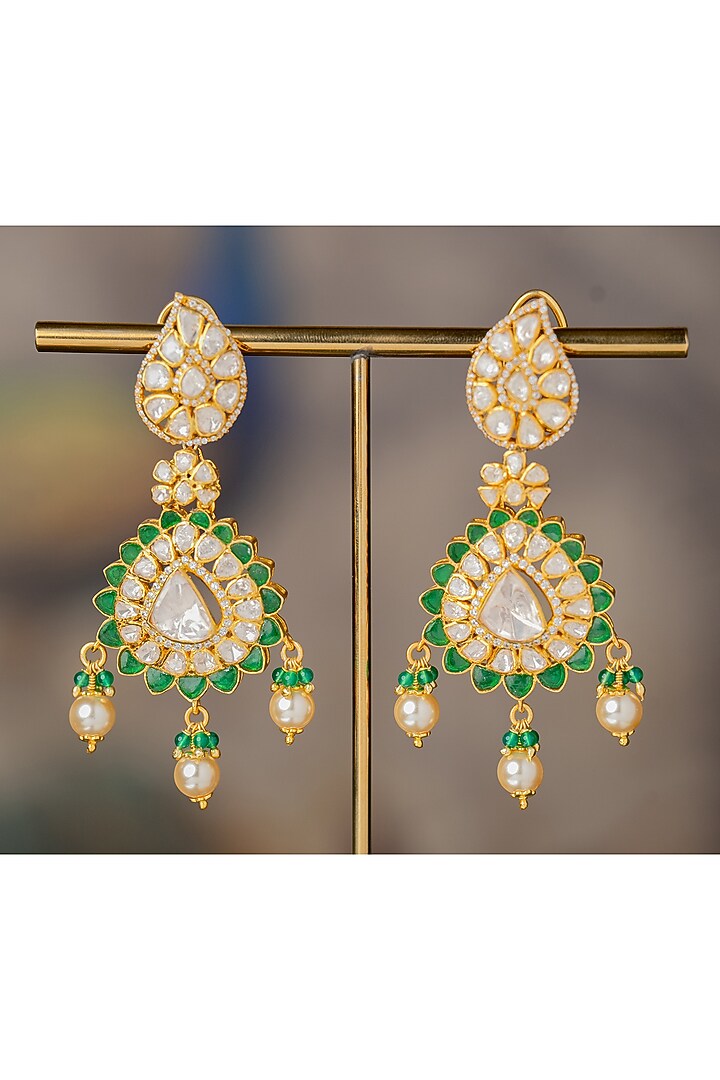 Gold Finish Kundan Polki Dangler Earrings In Sterling Silver by Varq Jewels at Pernia's Pop Up Shop