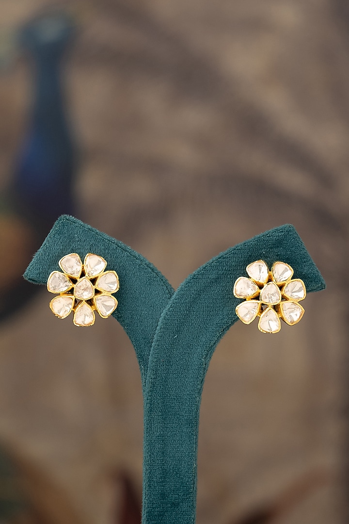 Gold Finish Kundan Polki Stud Earrings In Sterling Silver by Varq Jewels at Pernia's Pop Up Shop