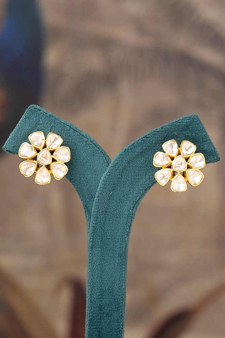 Gold Finish Kundan Polki Stud Earrings In Sterling Silver by Varq Jewels at Pernia's Pop Up Shop