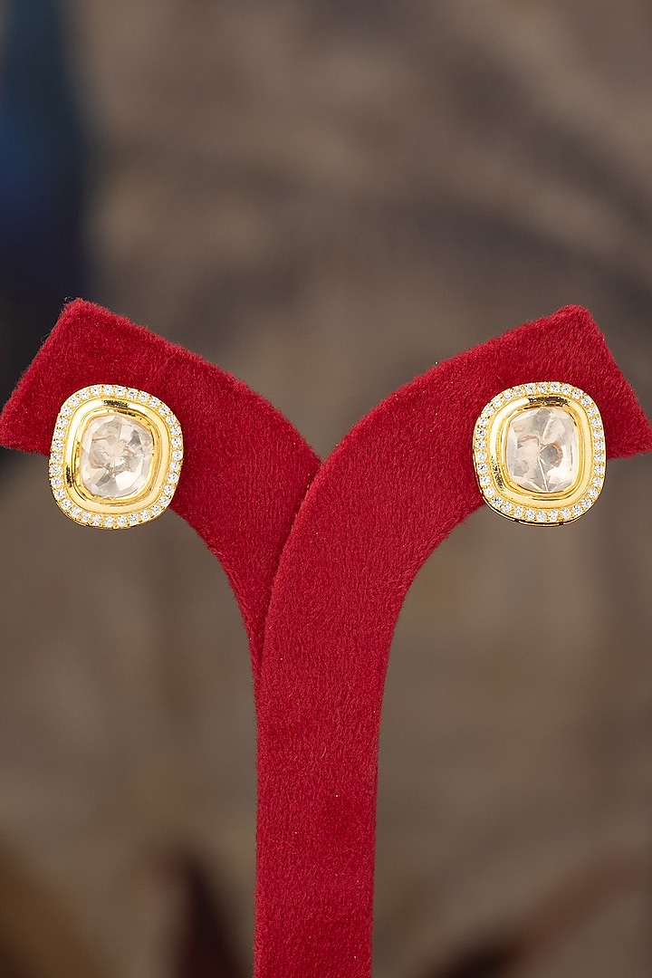 Gold Finish Kundan Polki Stud Earrings In Sterling Silver by Varq Jewels