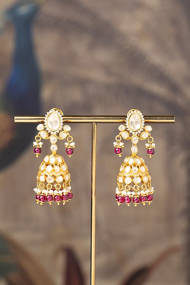 Gold Finish Zareena Noor Jhumka Earrings In Sterling Silver by Varq Jewels