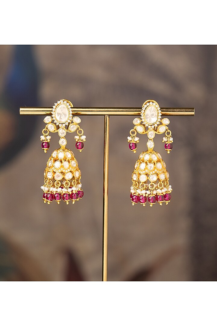 Gold Finish Zareena Noor Jhumka Earrings In Sterling Silver by Varq Jewels at Pernia's Pop Up Shop