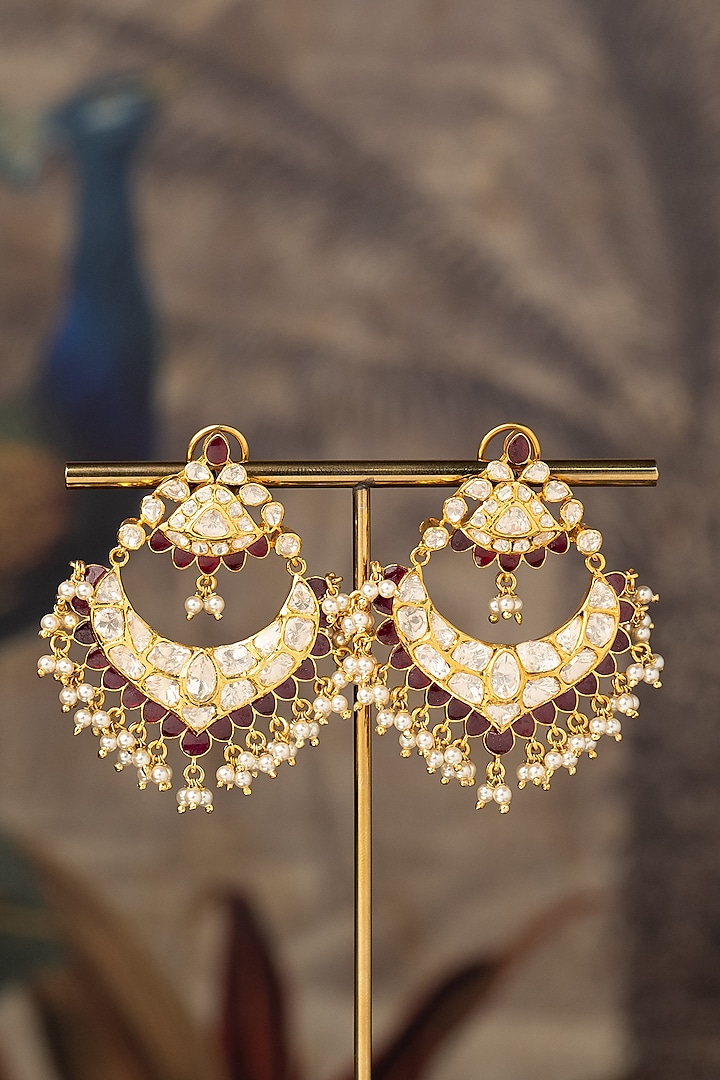 Gold Finish Beaded Qandil Jhumka Earrings In Sterling Silver by Varq Jewels