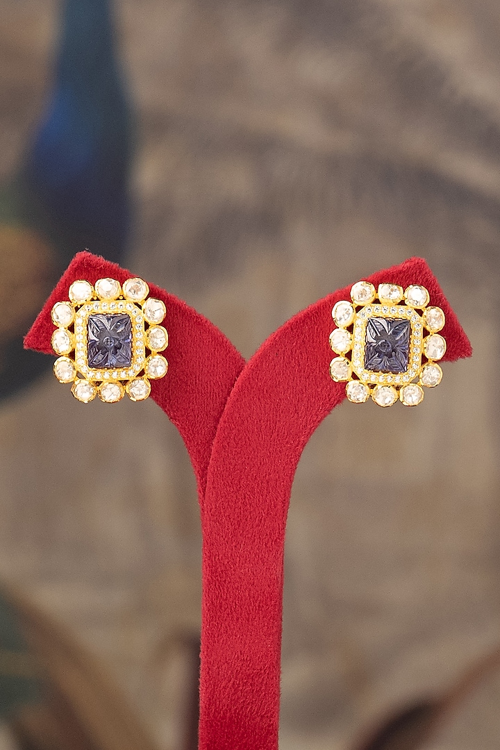 Gold Finish Kundan Polki Stud Earrings In Sterling Silver by Varq Jewels