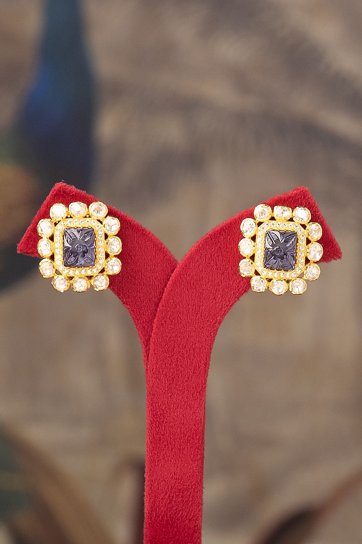 Gold Finish Kundan Polki Stud Earrings In Sterling Silver by Varq Jewels at Pernia's Pop Up Shop