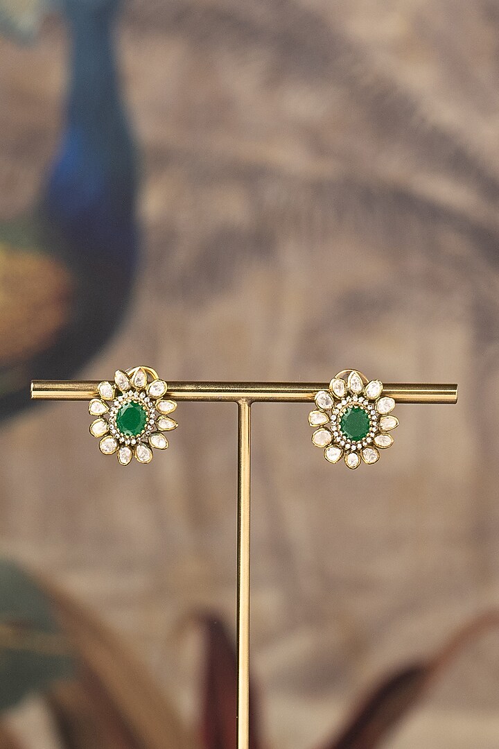 Gold Plated Emerald Stone & Kundan Floral Stud Earrings In Sterling Silver by Varq Jewels at Pernia's Pop Up Shop