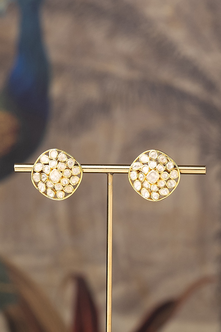 Gold Finish Kundan Polki Rabia Stud Earrings In Sterling Silver by Varq Jewels