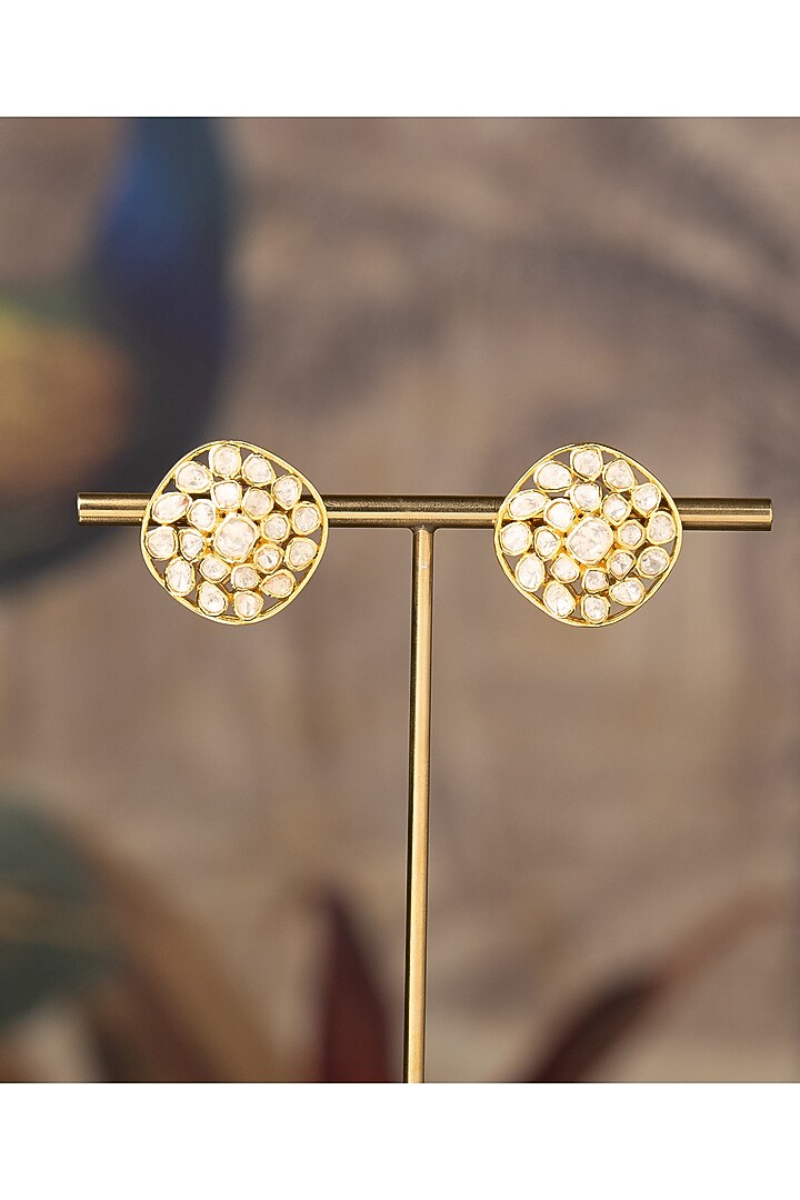 Gold Finish Kundan Polki Rabia Stud Earrings In Sterling Silver by Varq Jewels at Pernia's Pop Up Shop