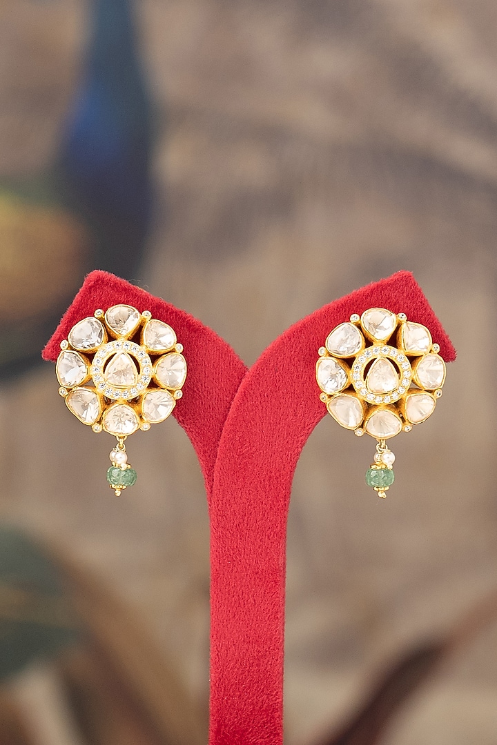 Gold Finish Kundan Polki Wafa Stud Earrings In Sterling Silver by Varq Jewels at Pernia's Pop Up Shop