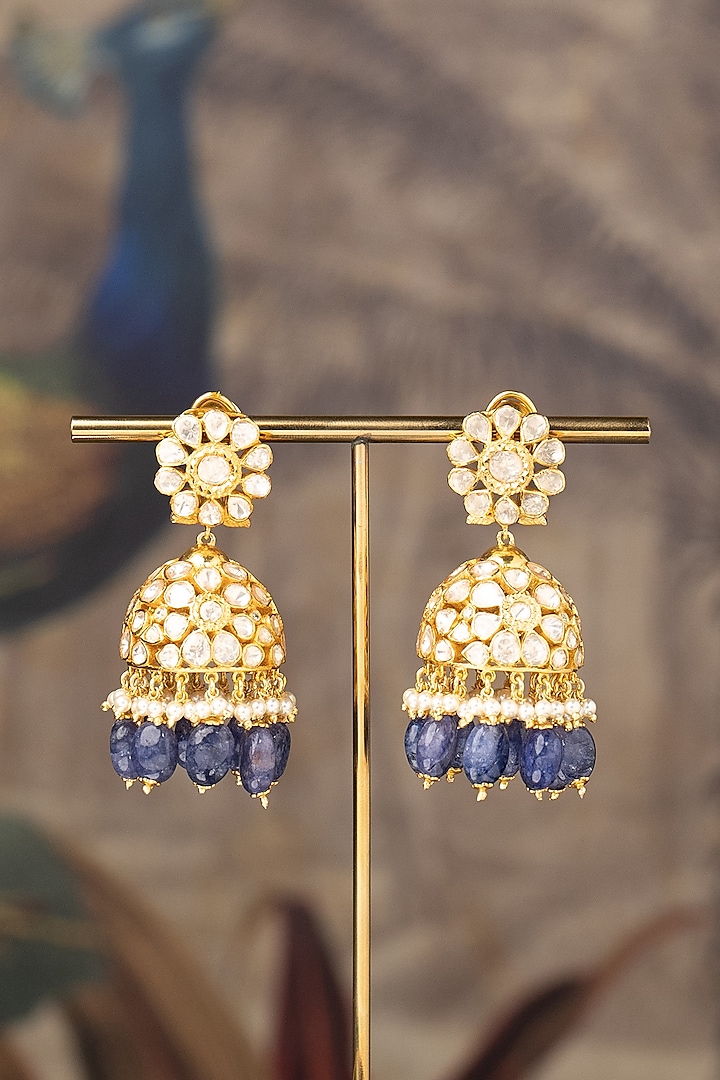 Gold Finish Inayat Jhumka Earrings In Sterling Silver by Varq Jewels
