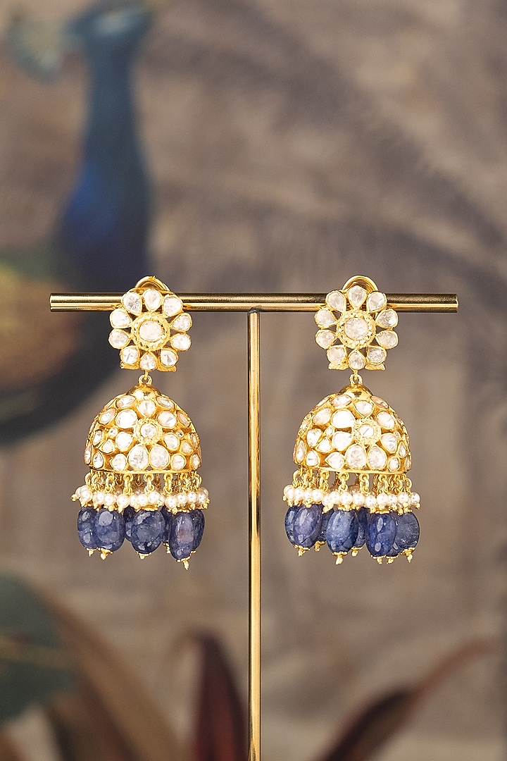 Gold Finish Inayat Jhumka Earrings In Sterling Silver by Varq Jewels at Pernia's Pop Up Shop