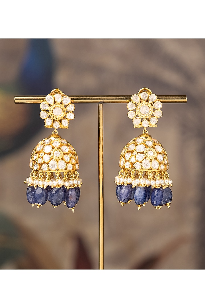 Gold Finish Inayat Jhumka Earrings In Sterling Silver by Varq Jewels at Pernia's Pop Up Shop
