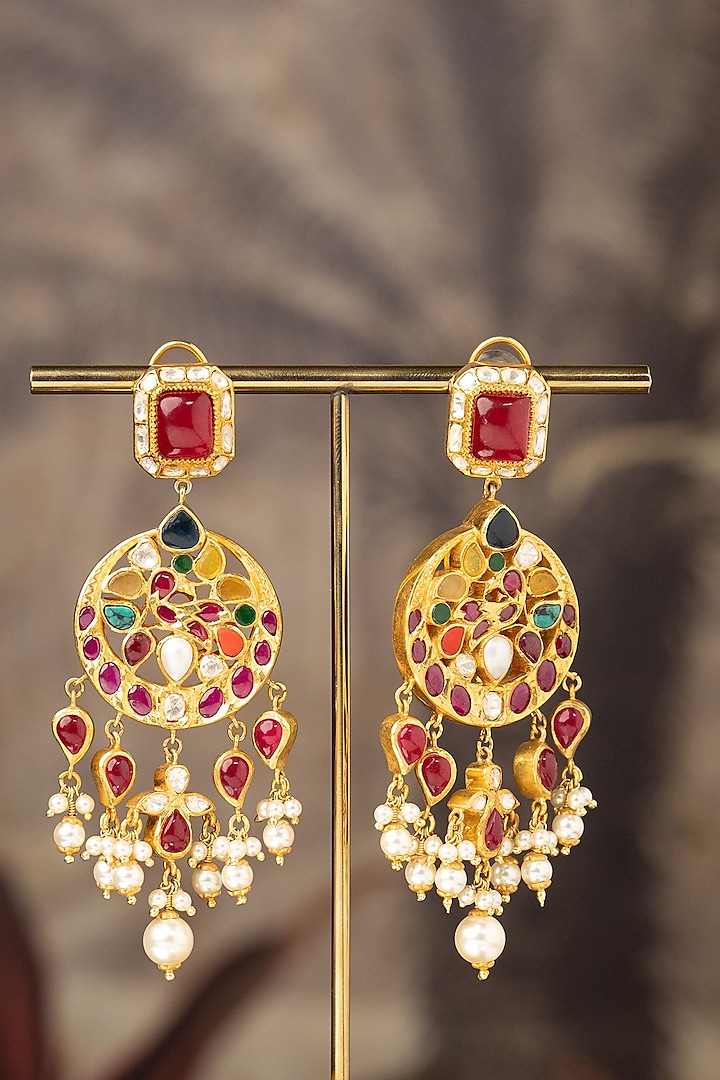 Gold Finish Nafisa Jhumka Earrings In Sterling Silver by Varq Jewels