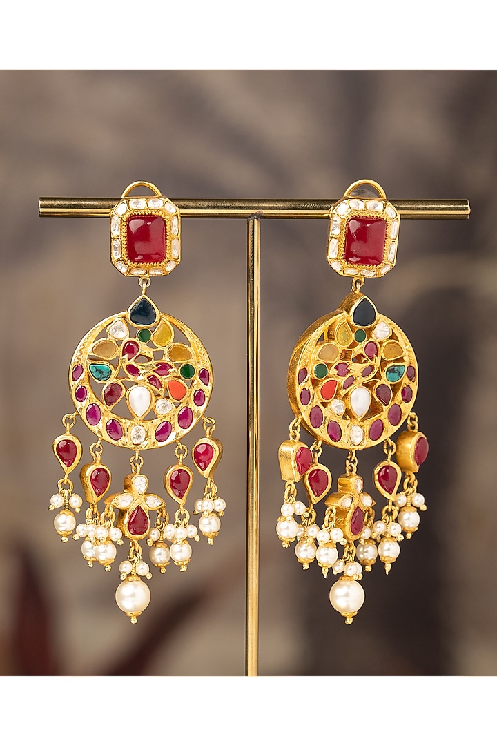 Gold Finish Nafisa Jhumka Earrings In Sterling Silver by Varq Jewels at Pernia's Pop Up Shop
