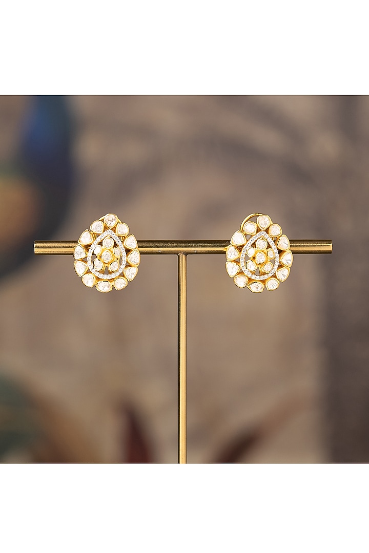Gold Finish Kundan Polki Stud Earrings In Sterling Silver by Varq Jewels at Pernia's Pop Up Shop