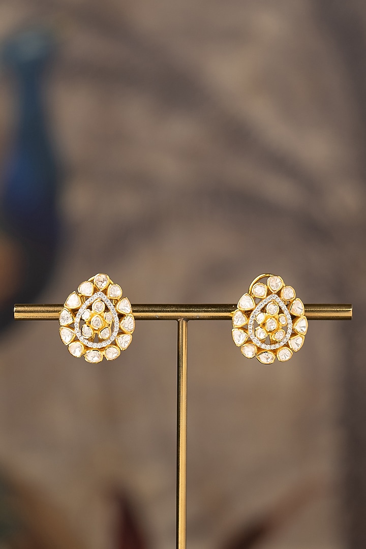 Gold Finish Kundan Polki Stud Earrings In Sterling Silver by Varq Jewels at Pernia's Pop Up Shop