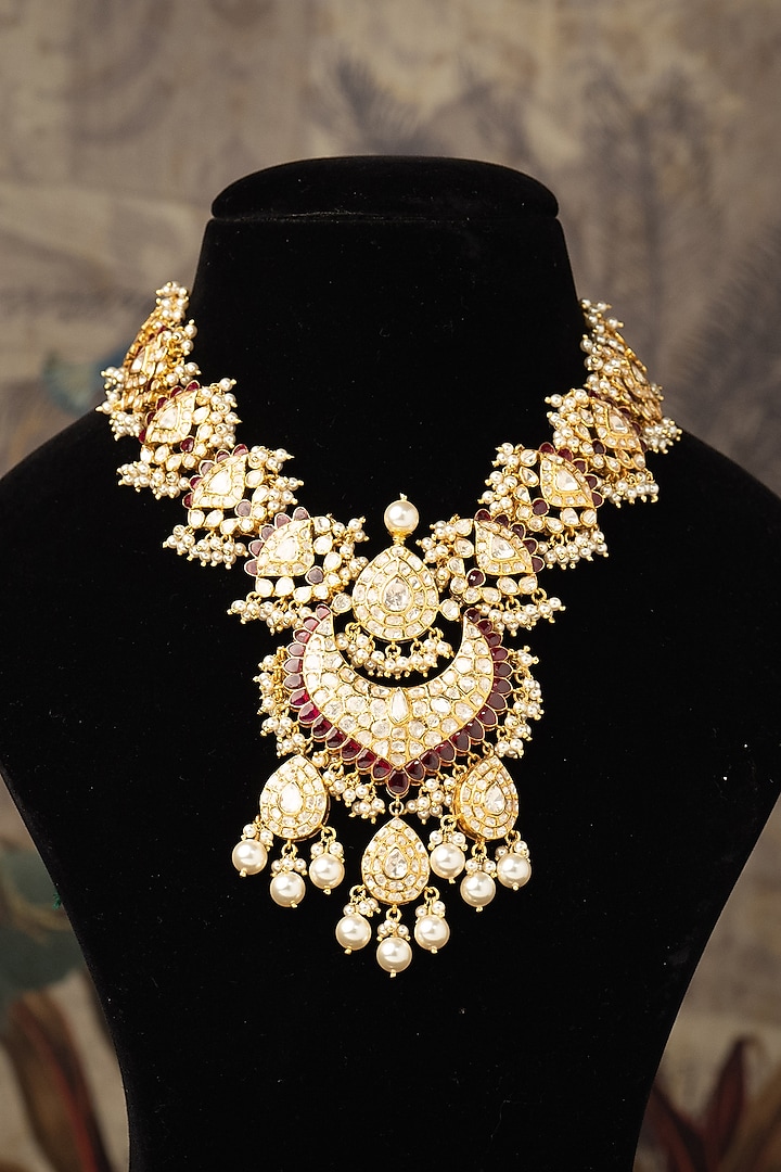 Gold Finish Red Beaded Necklace In Sterling Silver by Varq Jewels at Pernia's Pop Up Shop