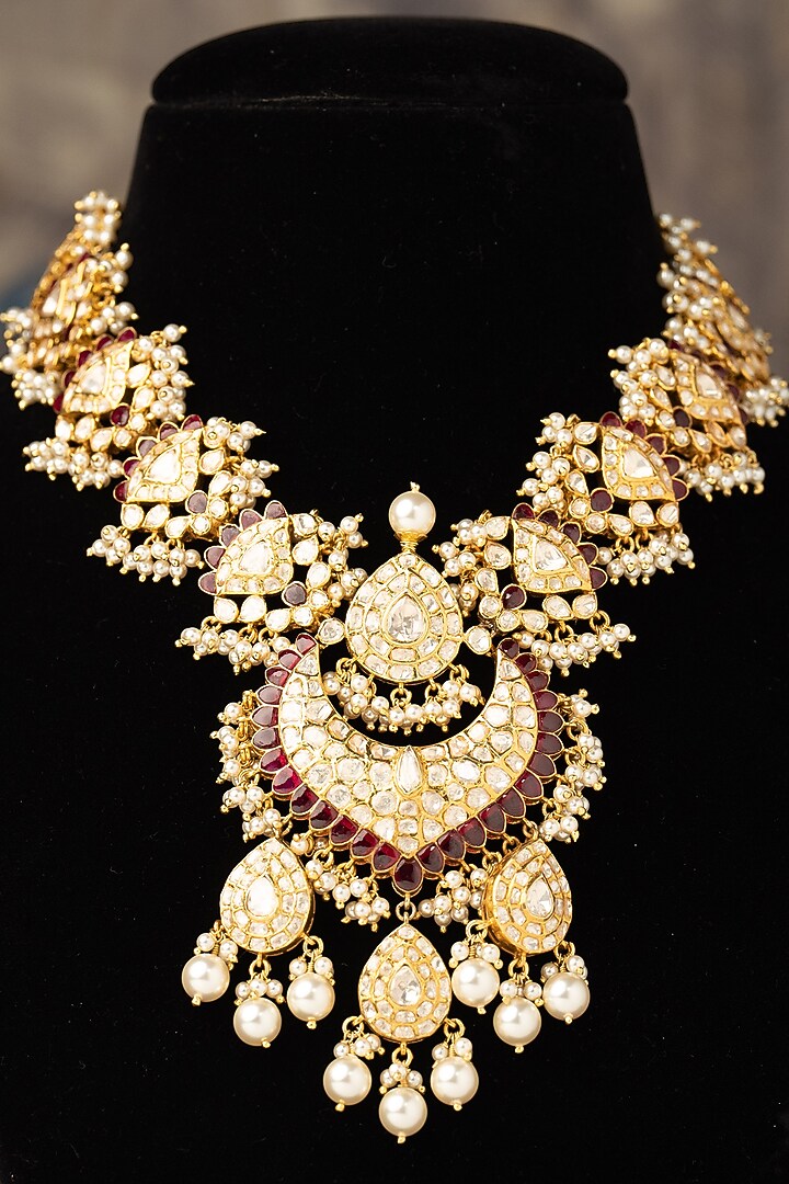 Gold Finish Red Beaded Necklace In Sterling Silver by Varq Jewels at Pernia's Pop Up Shop