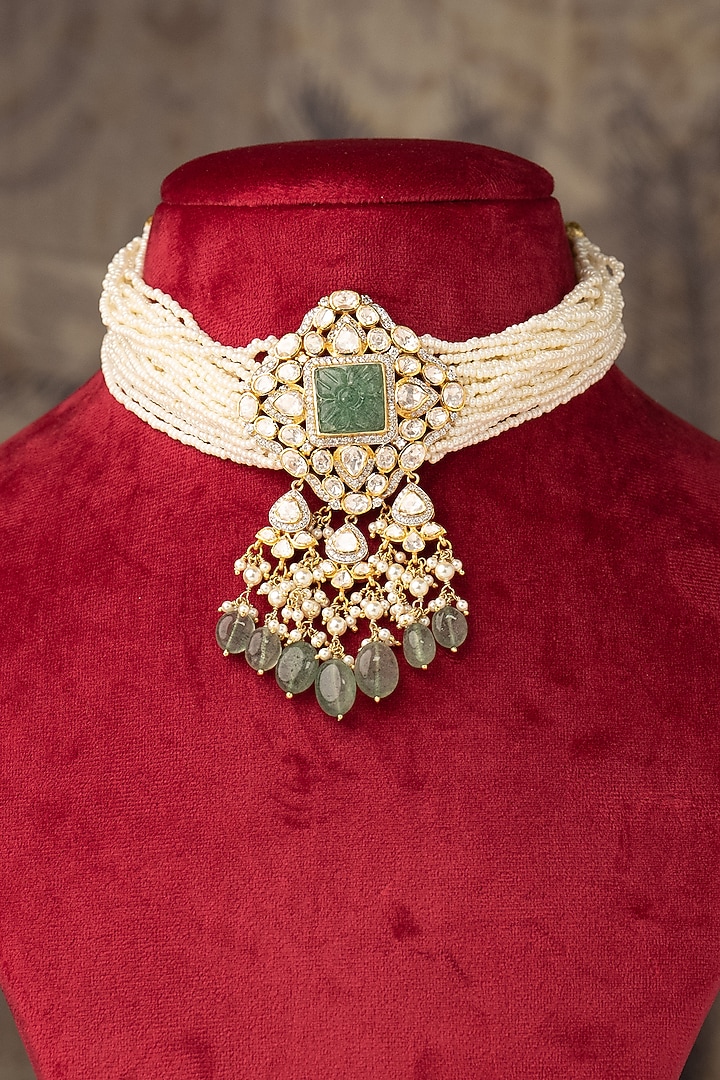 Gold Finish Green Pearl & Beaded Choker Necklace In Sterling Silver by Varq Jewels at Pernia's Pop Up Shop