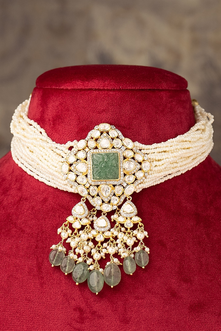 Gold Finish Green Pearl & Beaded Choker Necklace In Sterling Silver by Varq Jewels at Pernia's Pop Up Shop