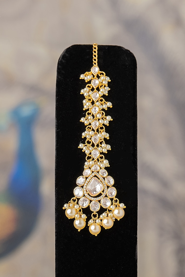 Gold Plated Pearl & Moissanite Diamond Maangtikka In Sterling Silver by Varq Jewels