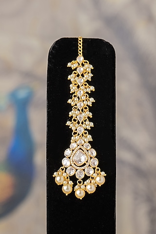Gold Plated Pearl & Moissanite Diamond Maangtikka In Sterling Silver by Varq Jewels