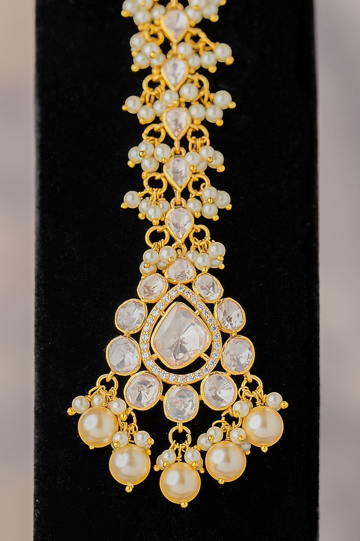Gold Plated Pearl & Moissanite Diamond Maangtikka In Sterling Silver by Varq Jewels at Pernia's Pop Up Shop