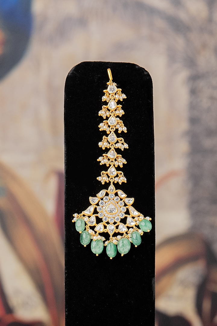 Gold Finish Moissanite Diamond & Green Stone Maangtikka In Sterling Silver by Varq Jewels