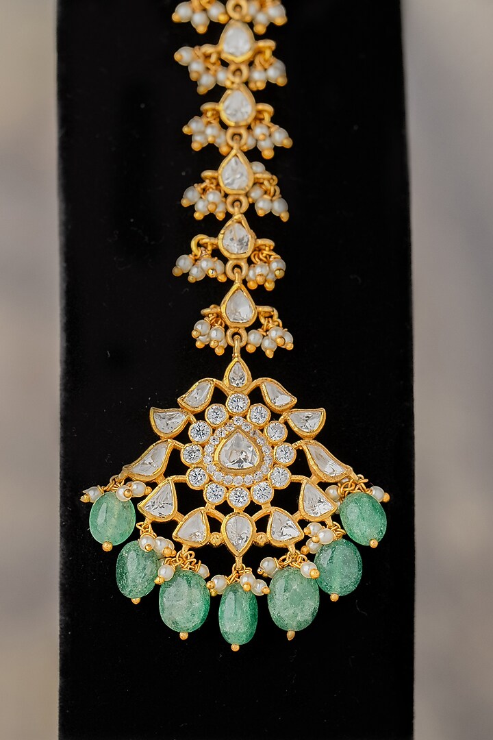 Gold Finish Moissanite Diamond & Green Stone Maangtikka In Sterling Silver by Varq Jewels at Pernia's Pop Up Shop