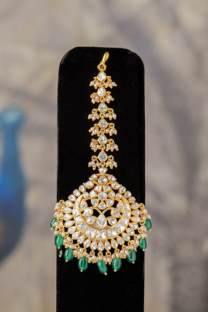 Gold Finish Moissanite Diamond & Kundan Polki Maangtikka In Sterling Silver by Varq Jewels at Pernia's Pop Up Shop