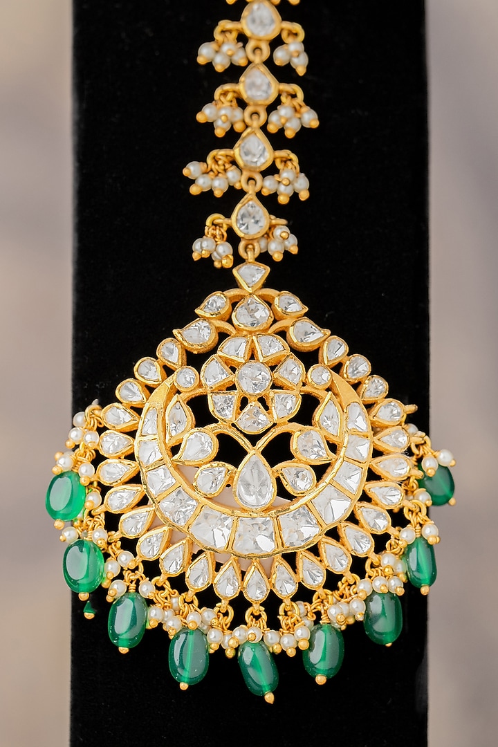 Gold Finish Moissanite Diamond & Kundan Polki Maangtikka In Sterling Silver by Varq Jewels at Pernia's Pop Up Shop