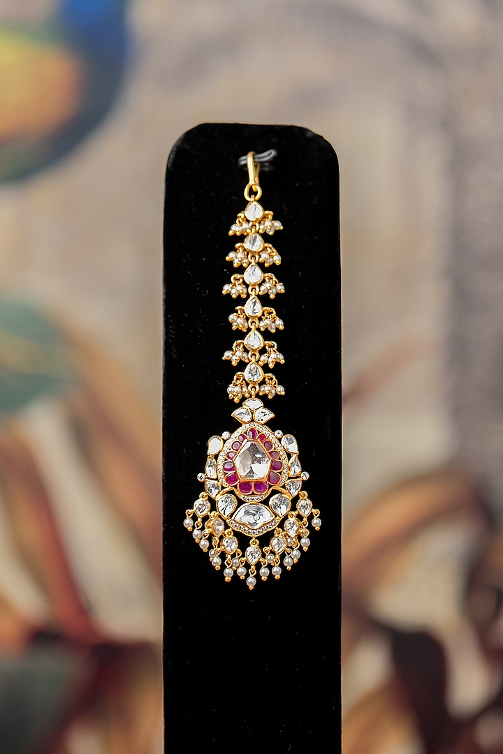 Gold Finish Moissanite Diamond & Kundan Polki Maangtikka In Sterling Silver by Varq Jewels