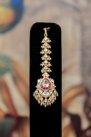 Gold Finish Moissanite Diamond & Kundan Polki Maangtikka In Sterling Silver by Varq Jewels