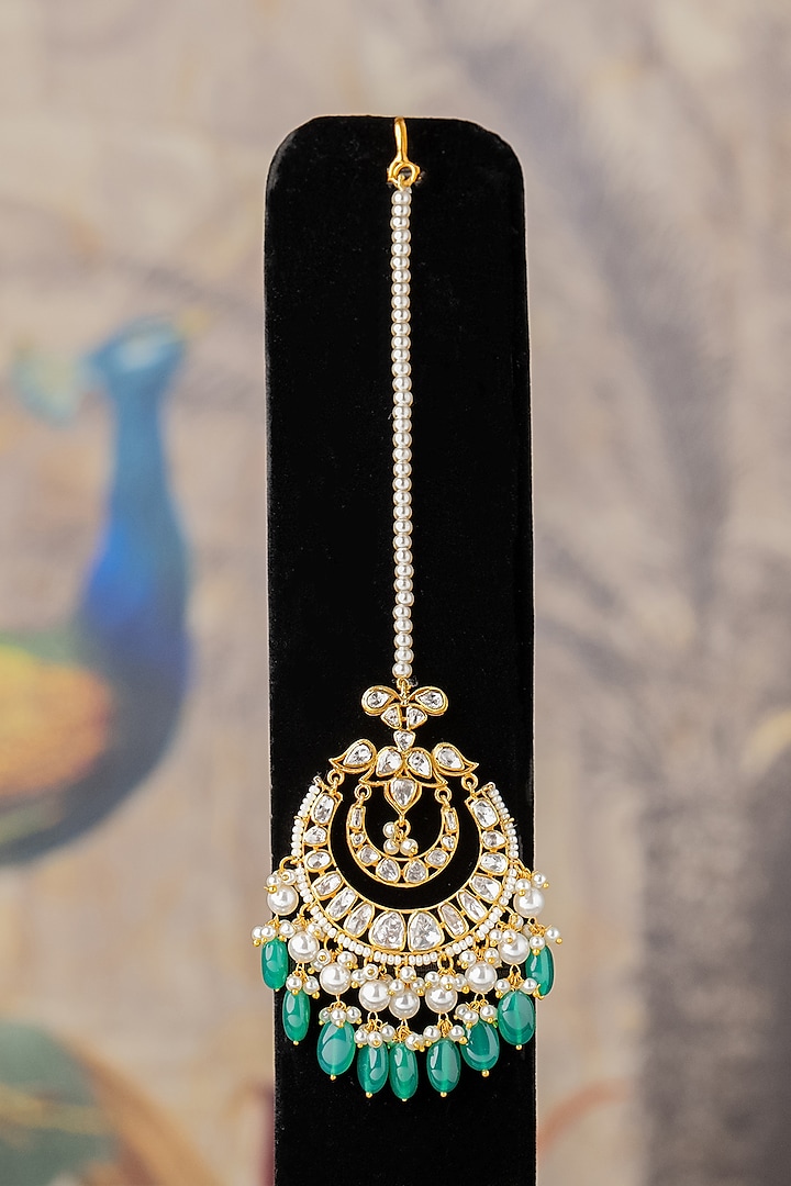 Gold Plated Moissanite Diamond & Kundan Polki Maangtikka In Sterling Silver by Varq Jewels