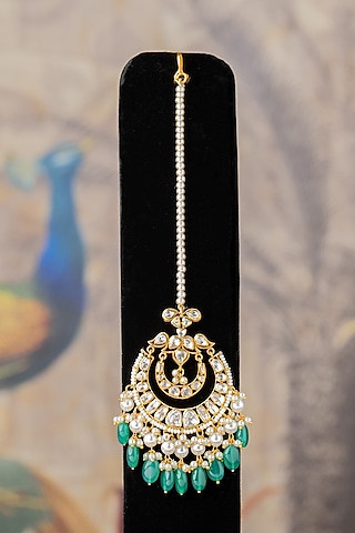 Gold Plated Moissanite Diamond & Kundan Polki Maangtikka In Sterling Silver by Varq Jewels