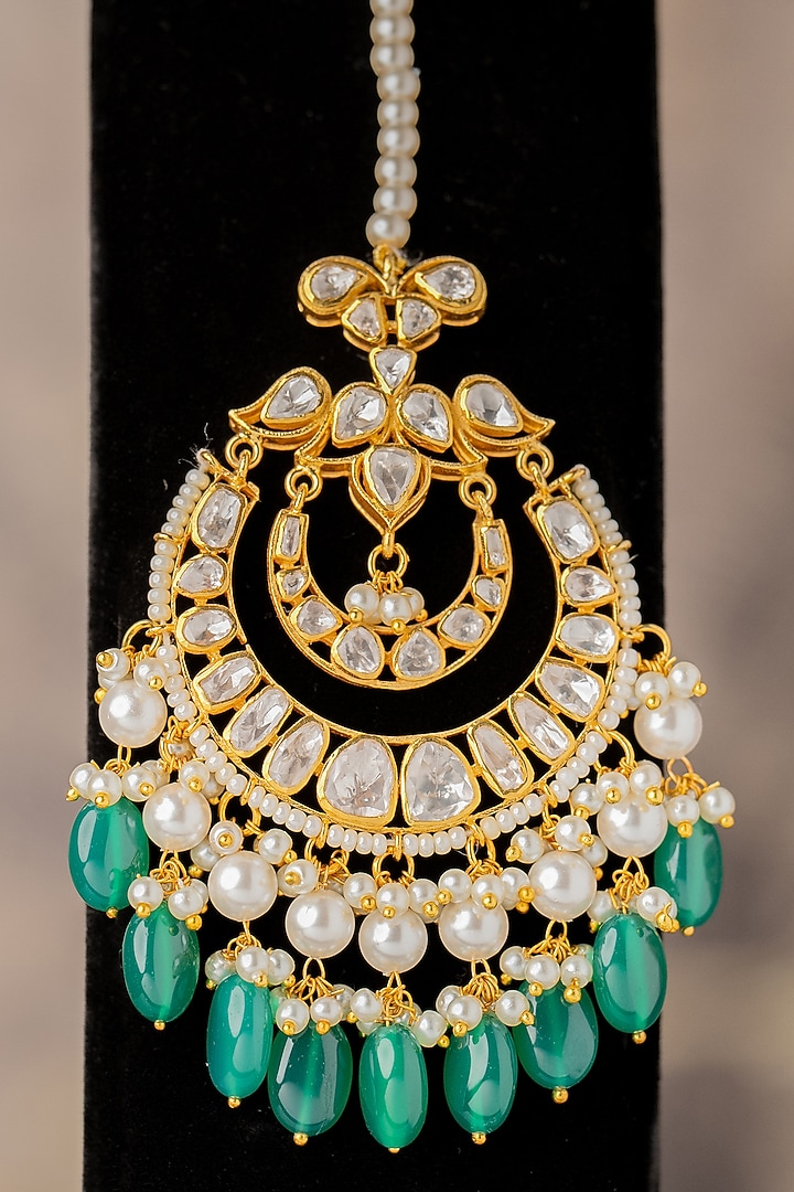 Gold Plated Moissanite Diamond & Kundan Polki Maangtikka In Sterling Silver by Varq Jewels at Pernia's Pop Up Shop