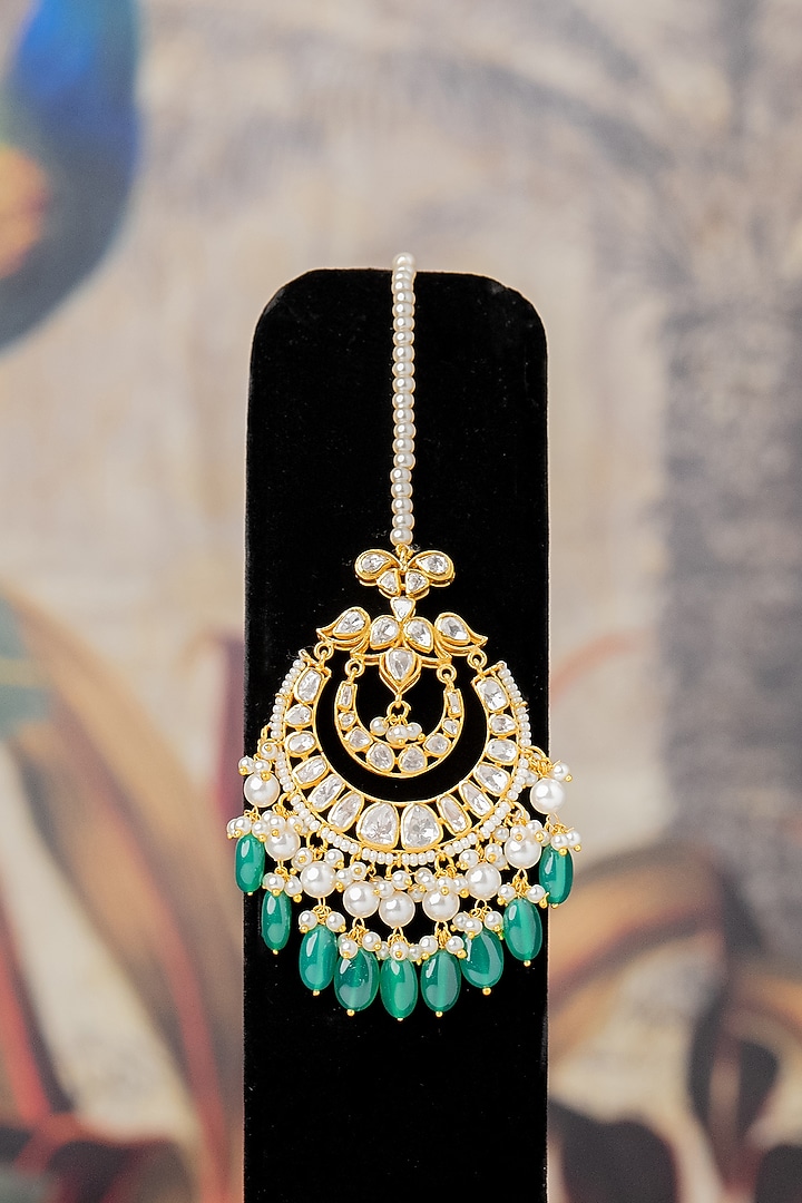 Gold Plated Moissanite Diamond & Kundan Polki Maangtikka In Sterling Silver by Varq Jewels at Pernia's Pop Up Shop