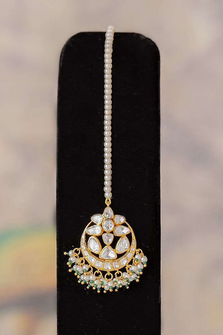 Gold Finish Moissanite Diamond & Green Beaded Maangtikka In Sterling Silver by Varq Jewels