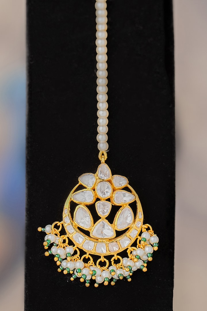 Gold Finish Moissanite Diamond & Green Beaded Maangtikka In Sterling Silver by Varq Jewels at Pernia's Pop Up Shop
