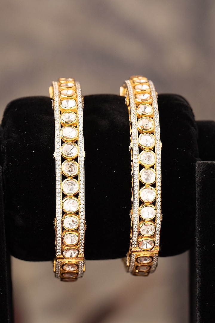 Gold Finish Moissanite Polki Bangles In Sterling Silver (Set Of 2) by Varq Jewels at Pernia's Pop Up Shop