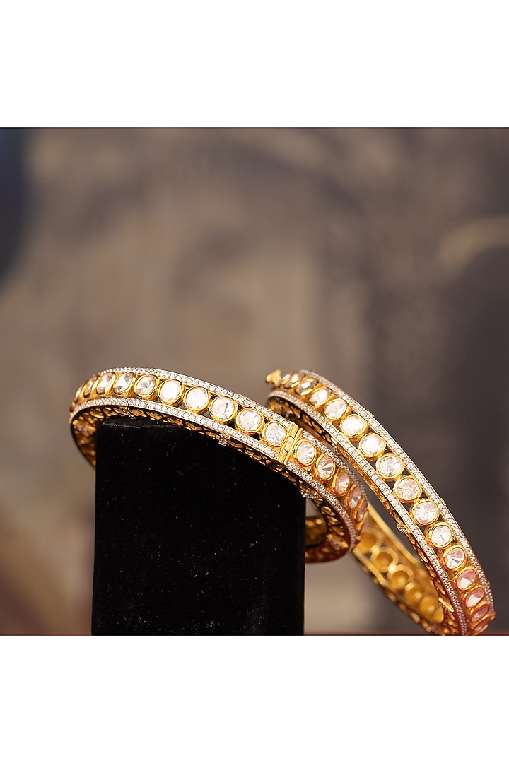 Gold Finish Moissanite Polki Bangles In Sterling Silver (Set Of 2) by Varq Jewels at Pernia's Pop Up Shop