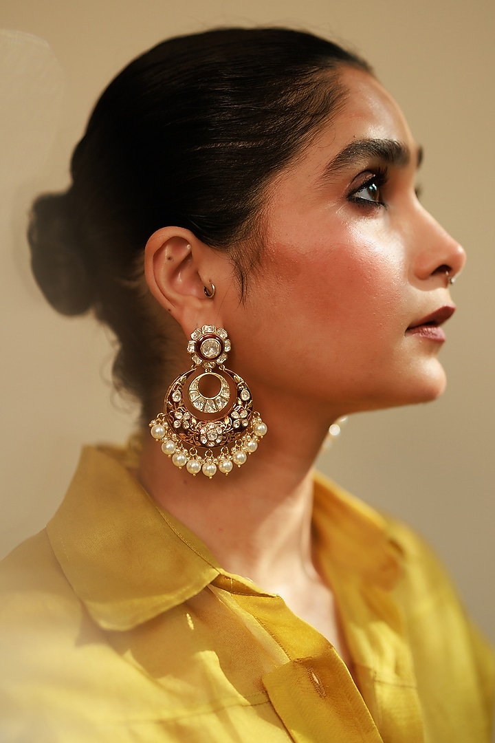 Gold Plated Floral Stone & Pearl Meenakari Chandbali Earrings In Sterling Silver by Varq Jewels at Pernia's Pop Up Shop