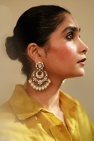 Gold Plated Floral Stone & Pearl Meenakari Chandbali Earrings In Sterling Silver by Varq Jewels