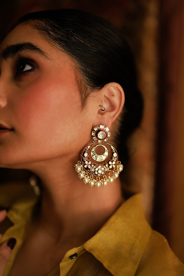 Gold Plated Floral Stone & Pearl Meenakari Chandbali Earrings In Sterling Silver by Varq Jewels at Pernia's Pop Up Shop
