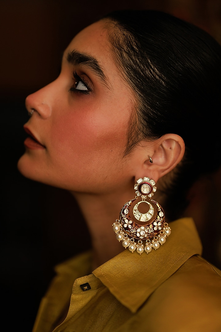 Gold Plated Floral Stone & Pearl Meenakari Chandbali Earrings In Sterling Silver by Varq Jewels at Pernia's Pop Up Shop