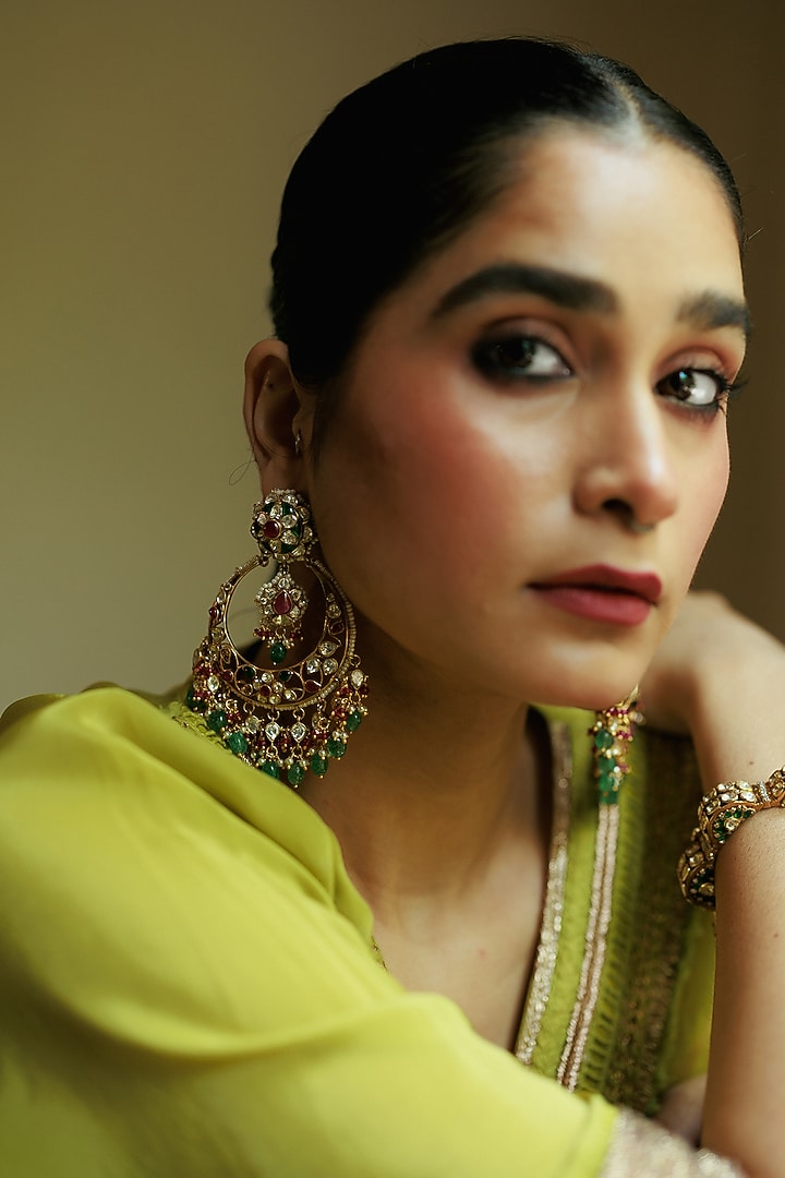 Gold Plated Kundan Polki & Beaded Chandbali Earrings In Sterling Silver by Varq Jewels at Pernia's Pop Up Shop