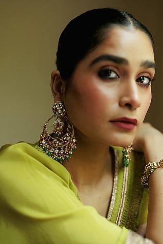 Gold Plated Kundan Polki & Beaded Chandbali Earrings In Sterling Silver by Varq Jewels