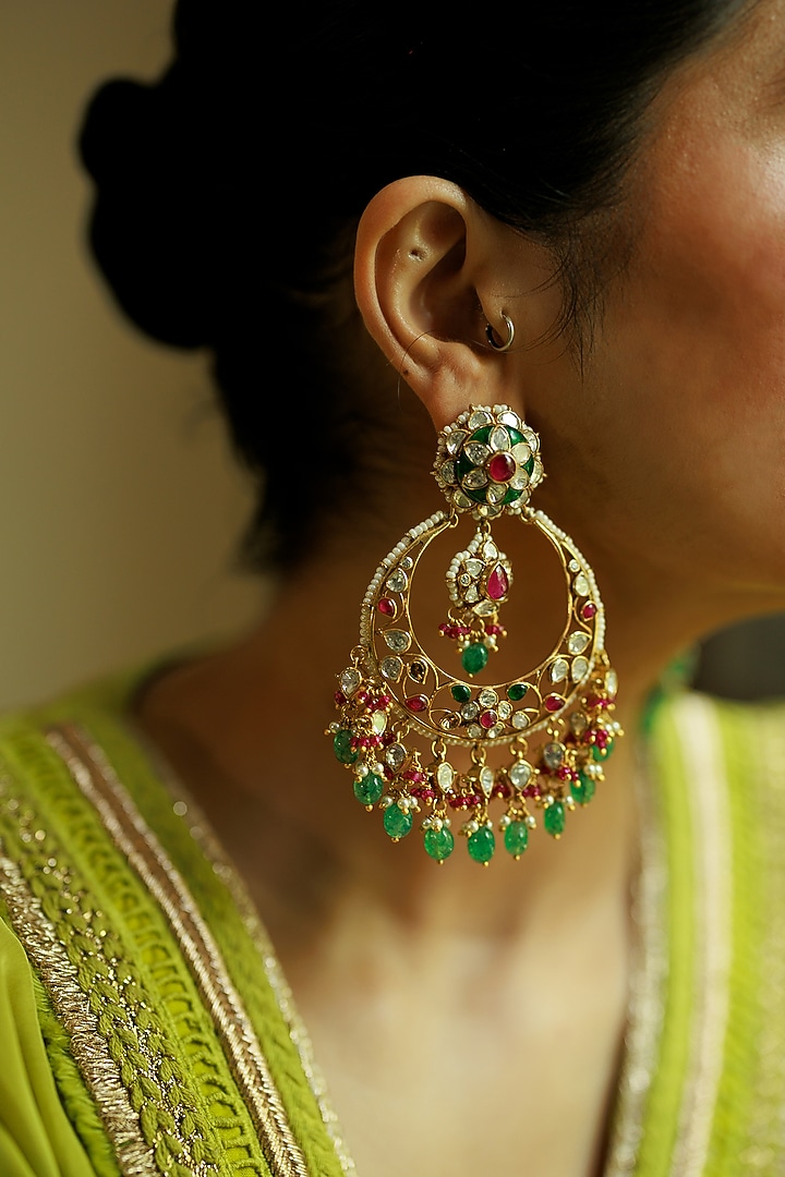 Gold Plated Kundan Polki & Beaded Chandbali Earrings In Sterling Silver by Varq Jewels at Pernia's Pop Up Shop