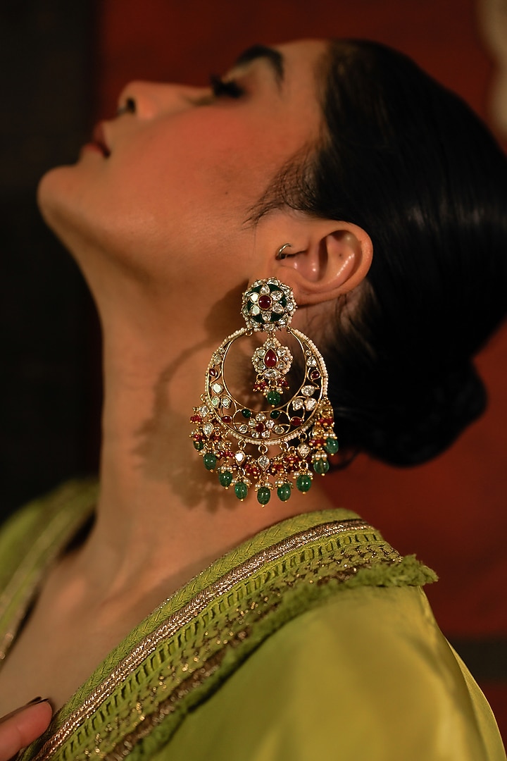 Gold Plated Kundan Polki & Beaded Chandbali Earrings In Sterling Silver by Varq Jewels at Pernia's Pop Up Shop
